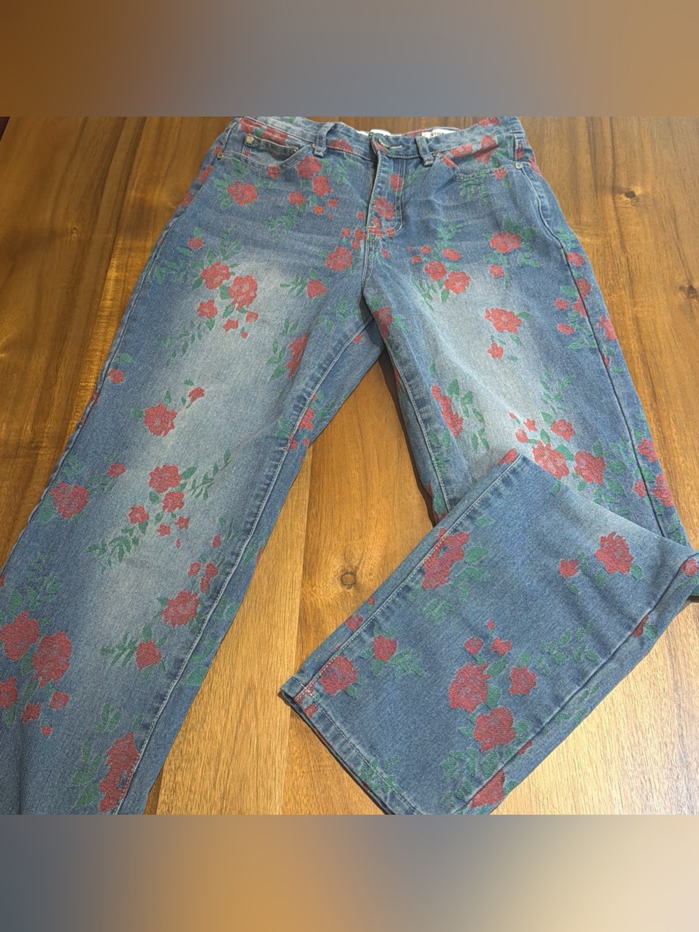 PTCL Floral Red Rose Jacquard Straight Leg Jeans Size 27 (30” Waist)